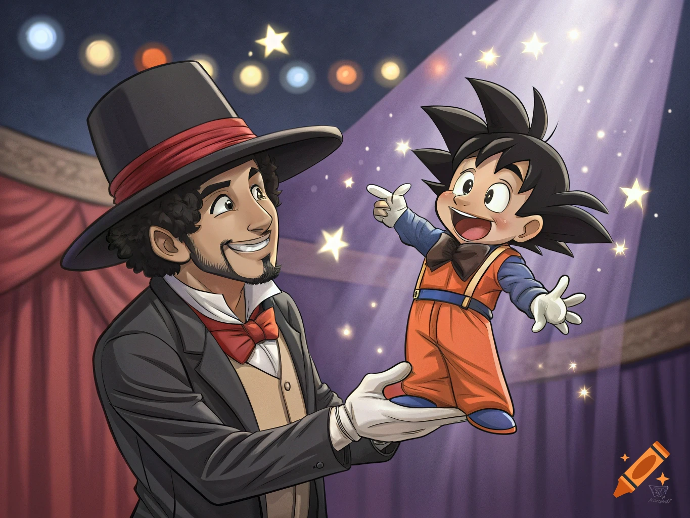 Anime style magician holds a small Goku on a stage with stars.