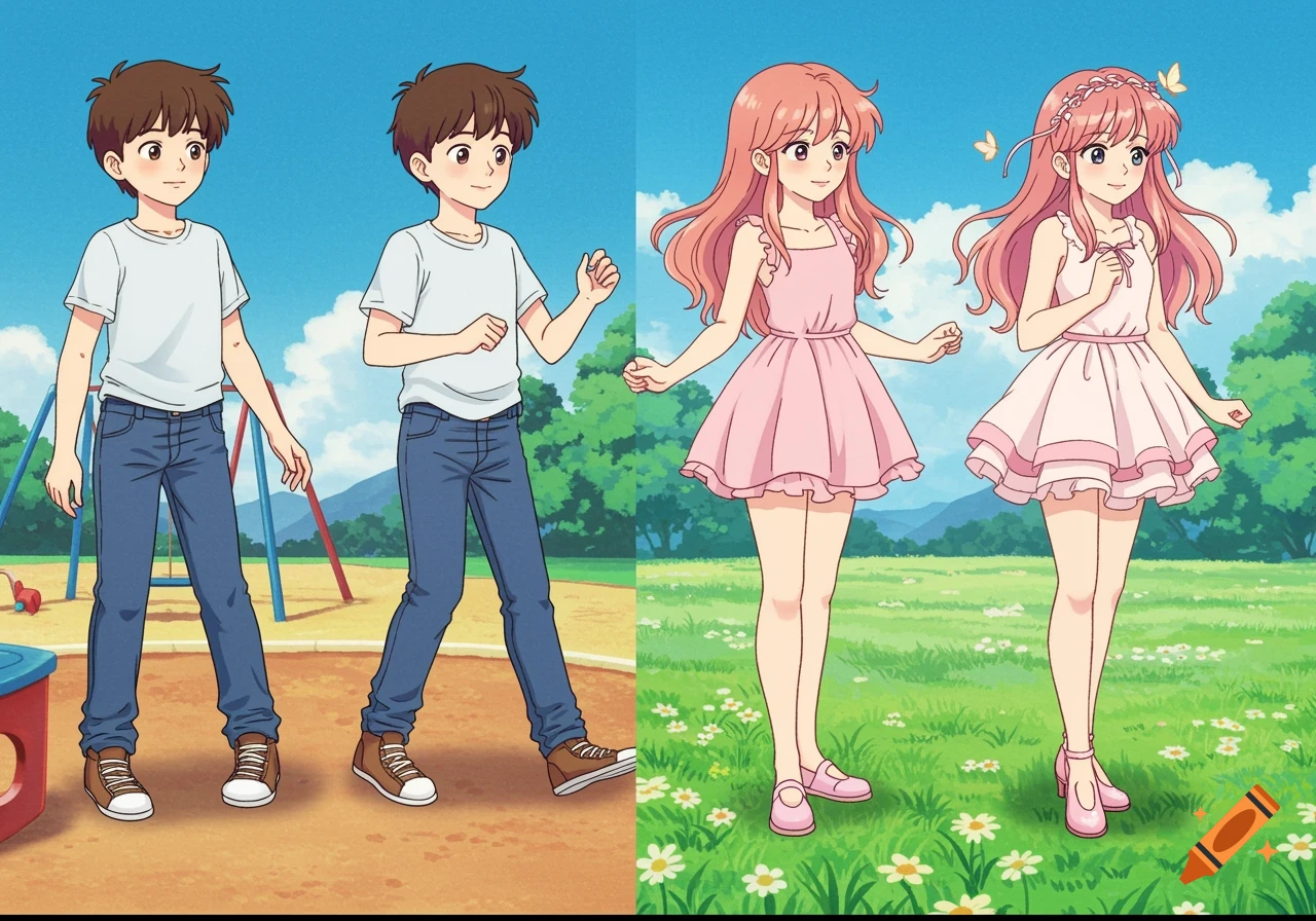 Anime illustration showing two boys at a playground changing into two girls in a flowery field.