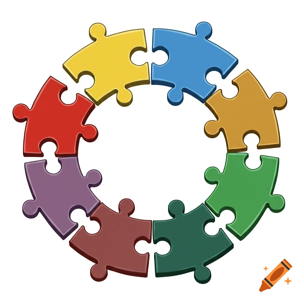 Colorful puzzle pieces arranged in a circle