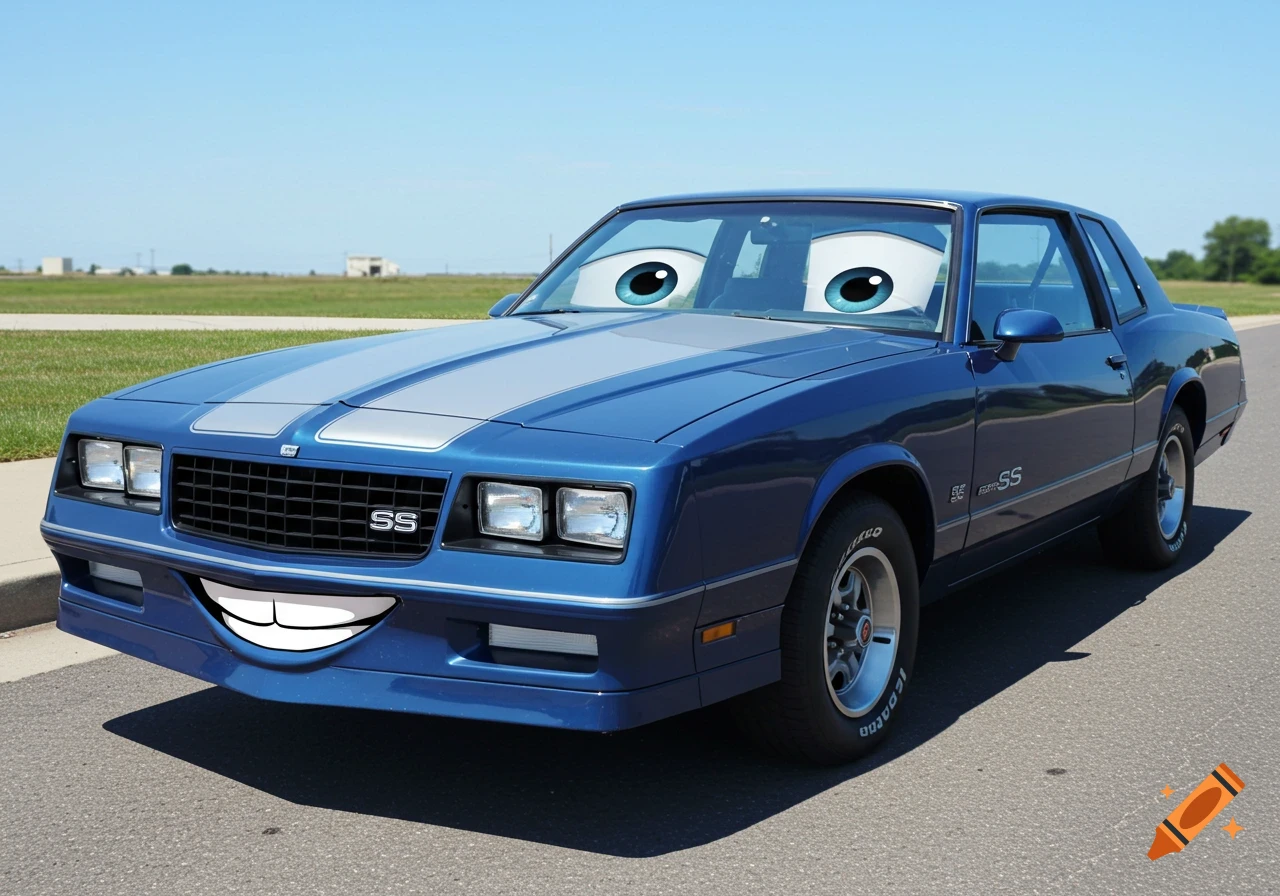 Blue Chevrolet Monte Carlo SS with silver racing stripes and cartoon eyes and mouth