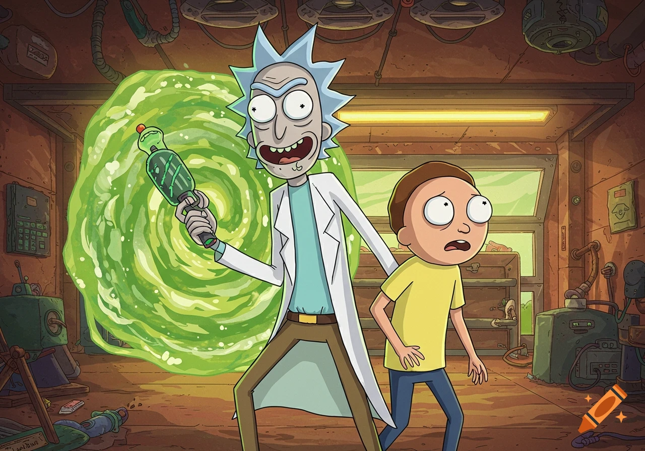Rick and Morty stand in a lab with a green portal