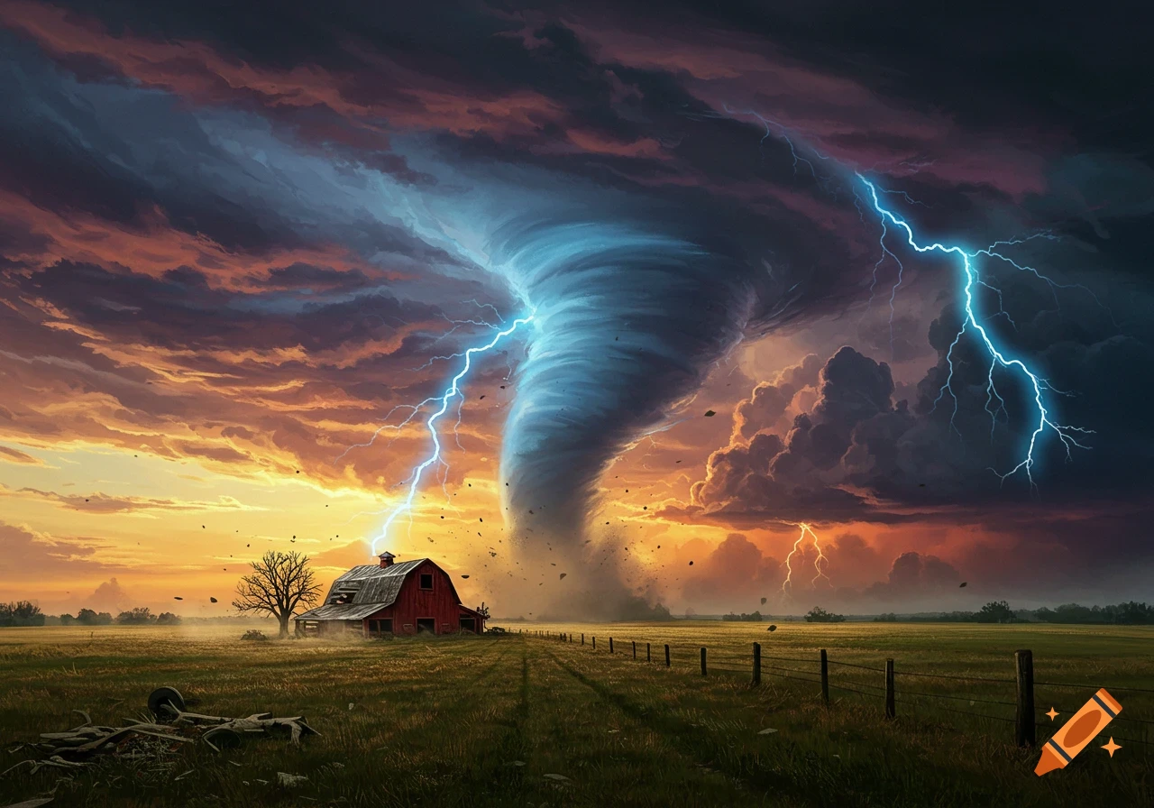 Dramatic painting of a large tornado, lightning, a red barn, and tree in a stormy field at sunset.