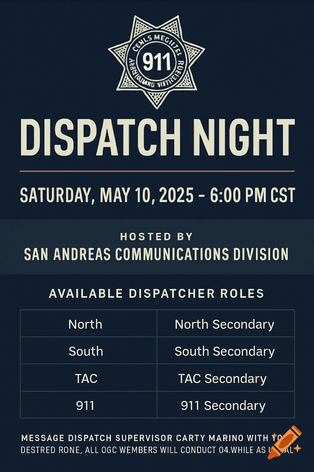A dark blue and charcoal flyer for "Dispatch Night" with a badge logo, event details, a list of dispatcher roles, and footer text.