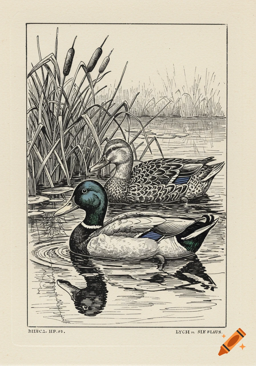 Vintage ink drawing of two ducks swimming in a pond with reeds.