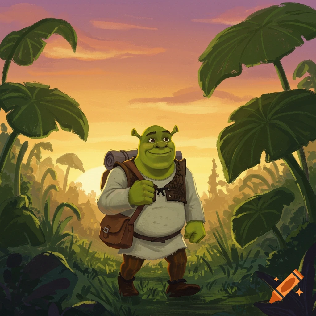 Shrek walks through a lush forest landscape at sunset in a vibrant illustration style.