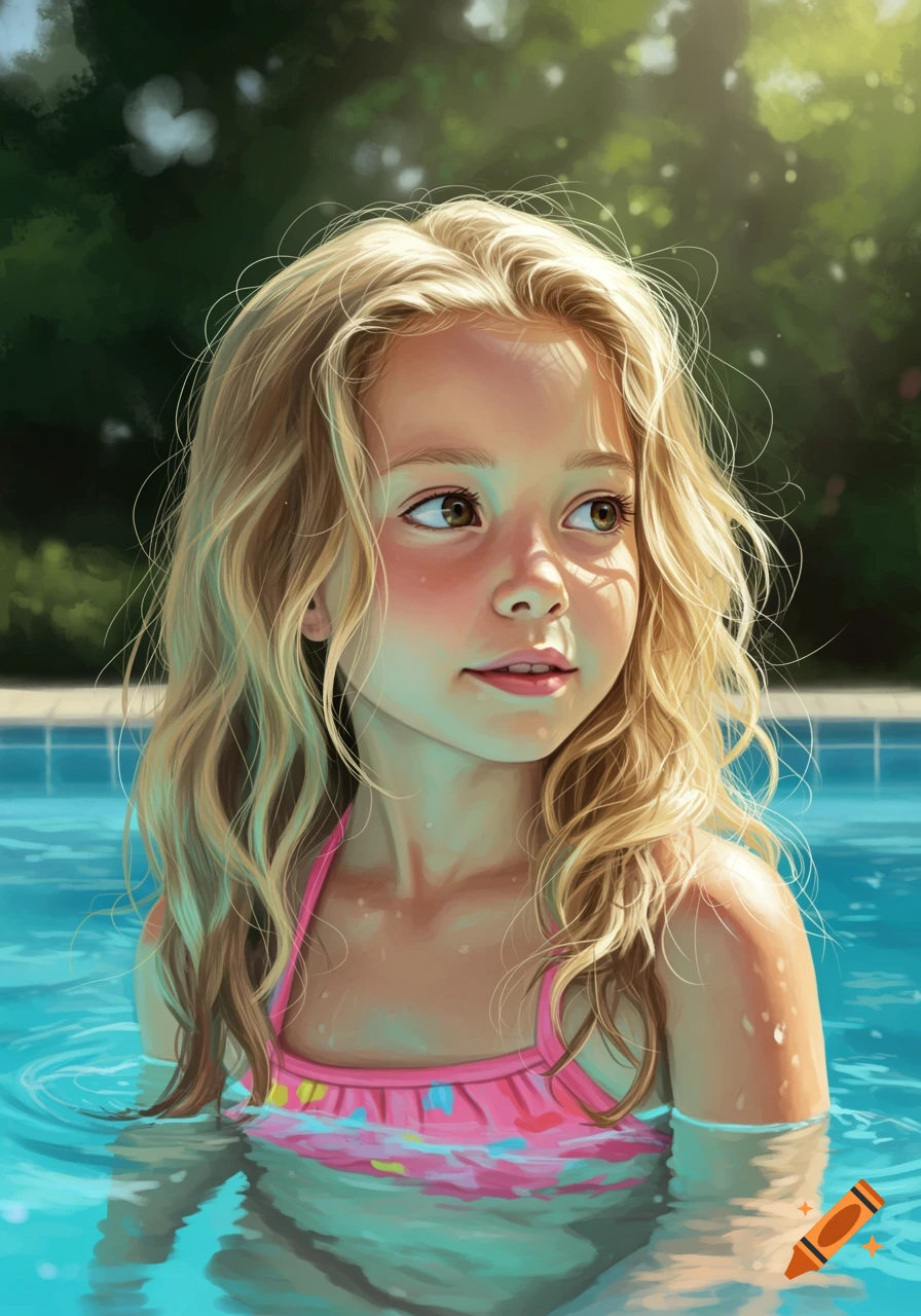 Illustration of a young girl with blonde hair smiling in a swimming pool.