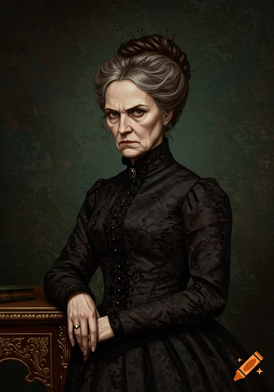 Portrait of a stern older woman in a black Victorian dress, leaning on a table.