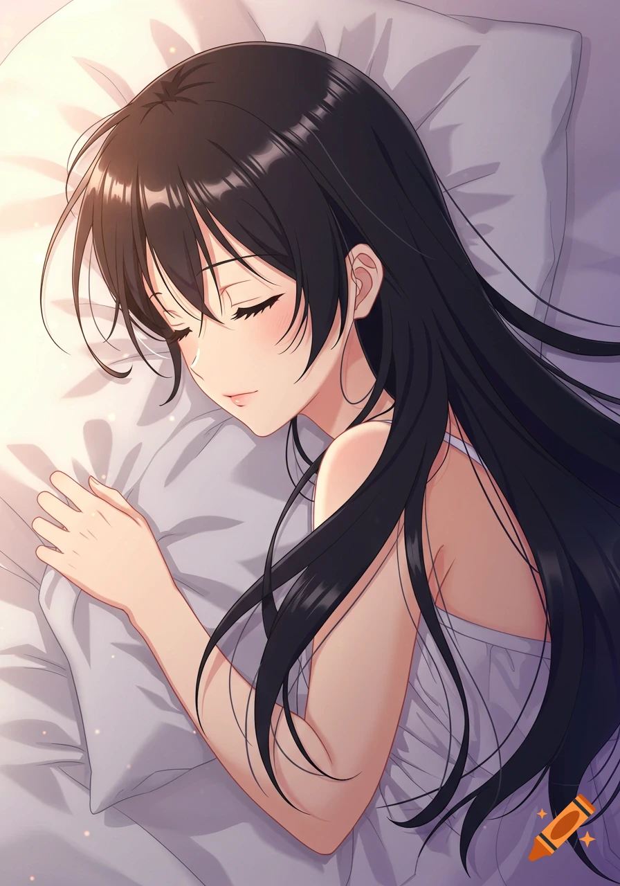 Anime girl with black hair sleeping on a pillow.