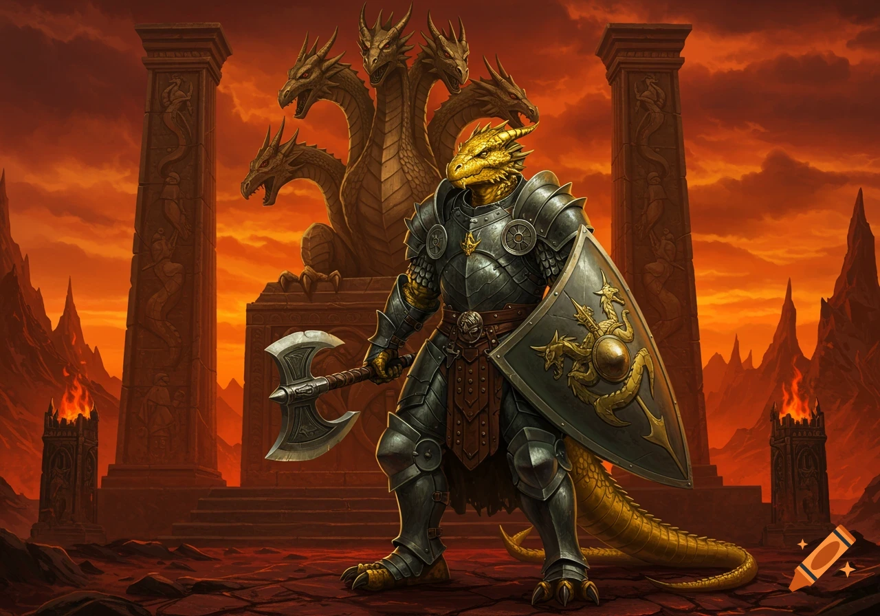 Dragonborn warrior with axe and shield in front of five-headed dragon statue in hellish landscape.