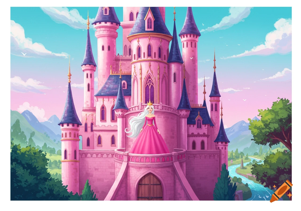 A pink castle with a princess standing on a balcony in a fantasy landscape illustration.