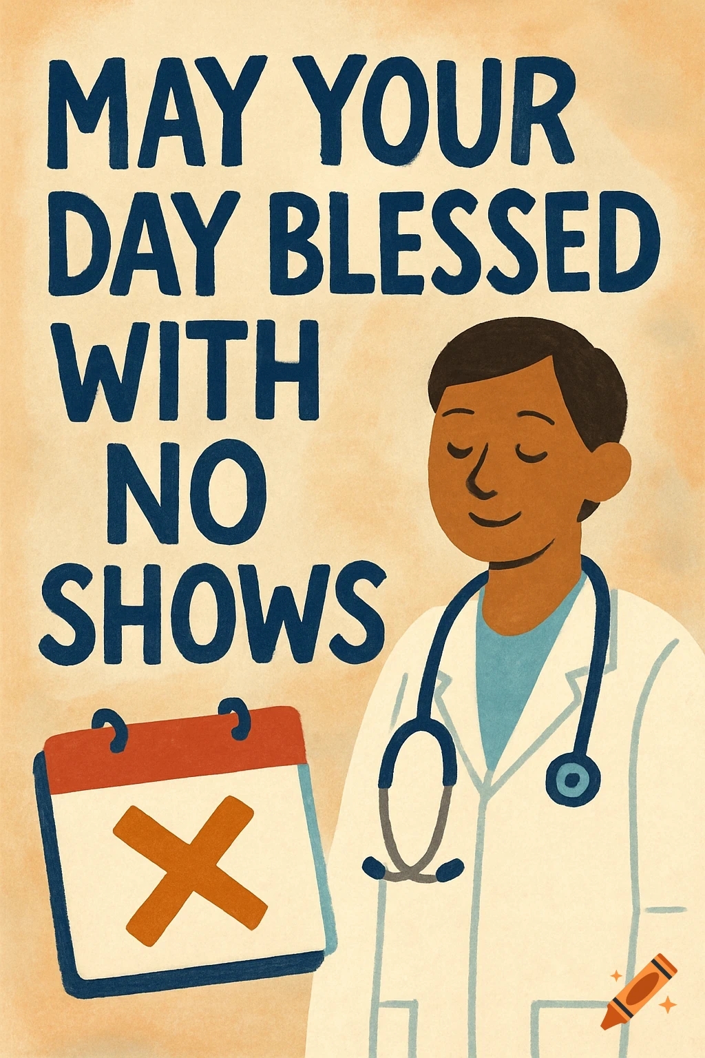 Illustration of a doctor next to a calendar with an X, with text saying 'MAY YOUR DAY BLESSED WITH NO SHOWS'.