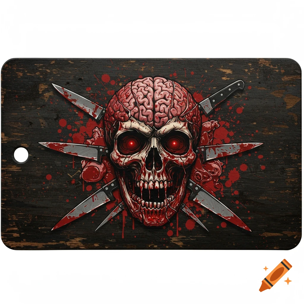Horror-themed cutting board with a bloody skull, exposed brain, and red eyes, pierced by knives on a dark wood background with blood splatter.