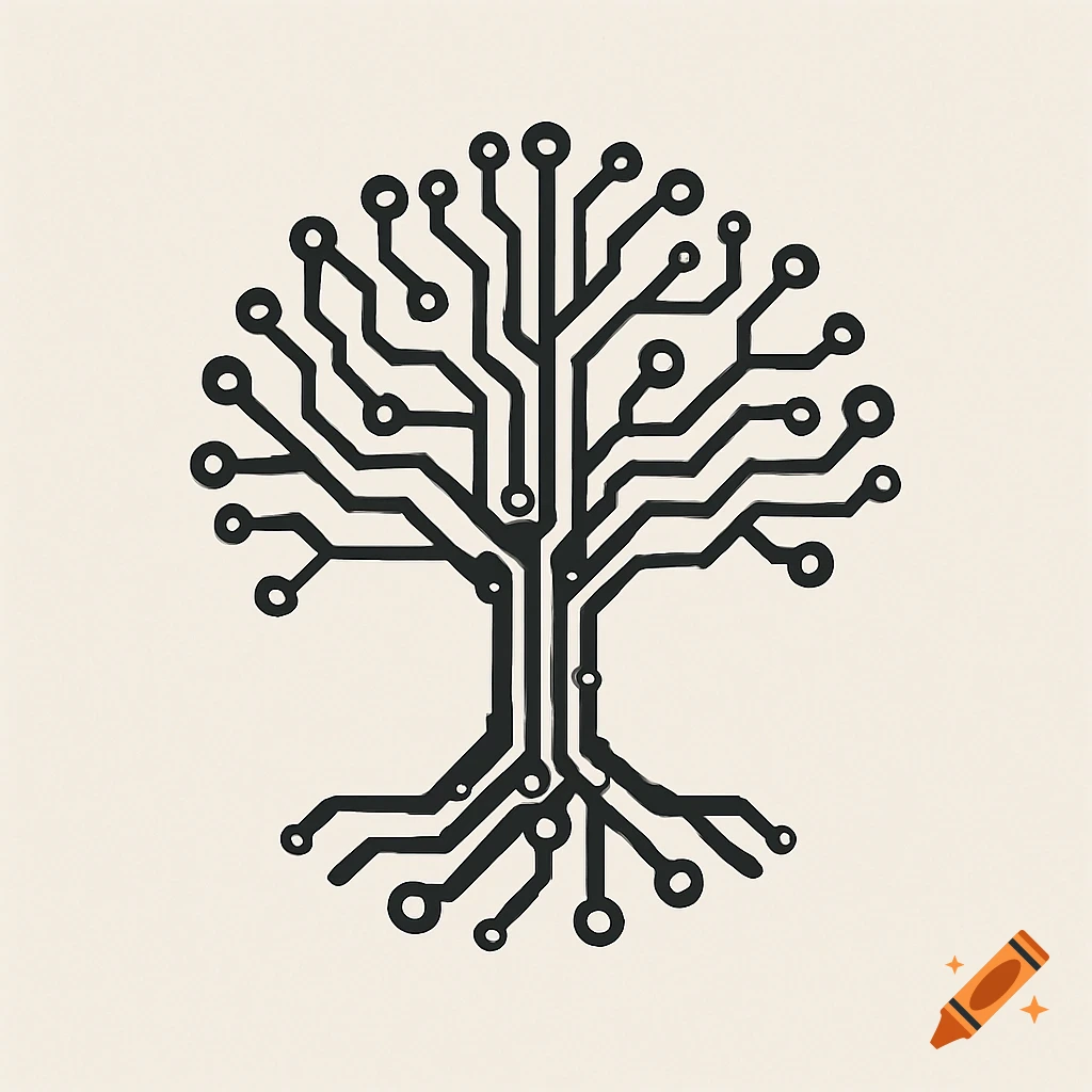 A black and white logo showing a tree made of electronic circuit board patterns.