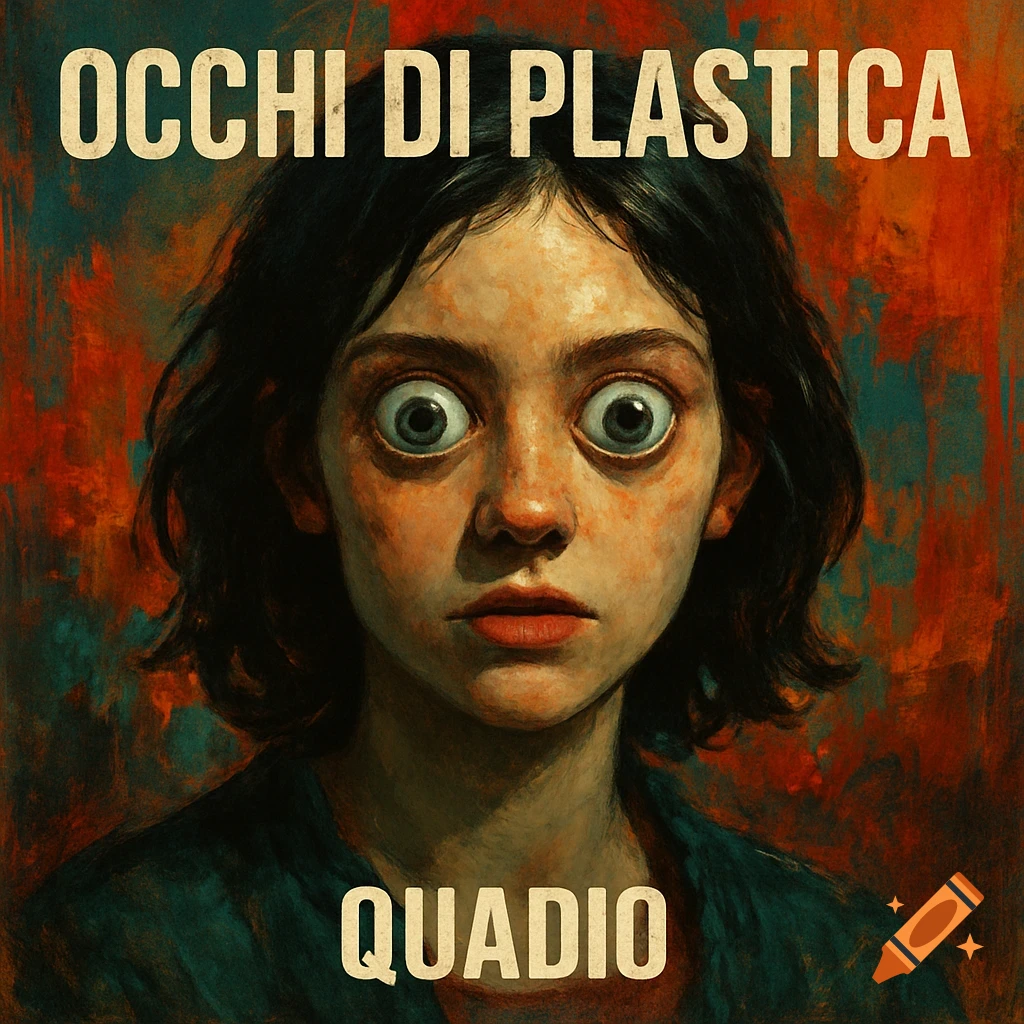 Stylized painting portrait of a person with wide eyes, text reads "OCCHI DI PLASTICA" and "QUADIO". Album cover art.