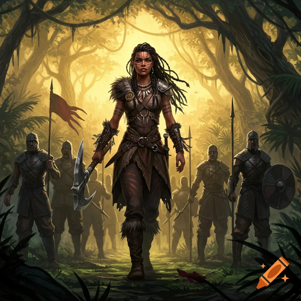 Fantasy art of a warrior woman leading soldiers through a sunlit forest.