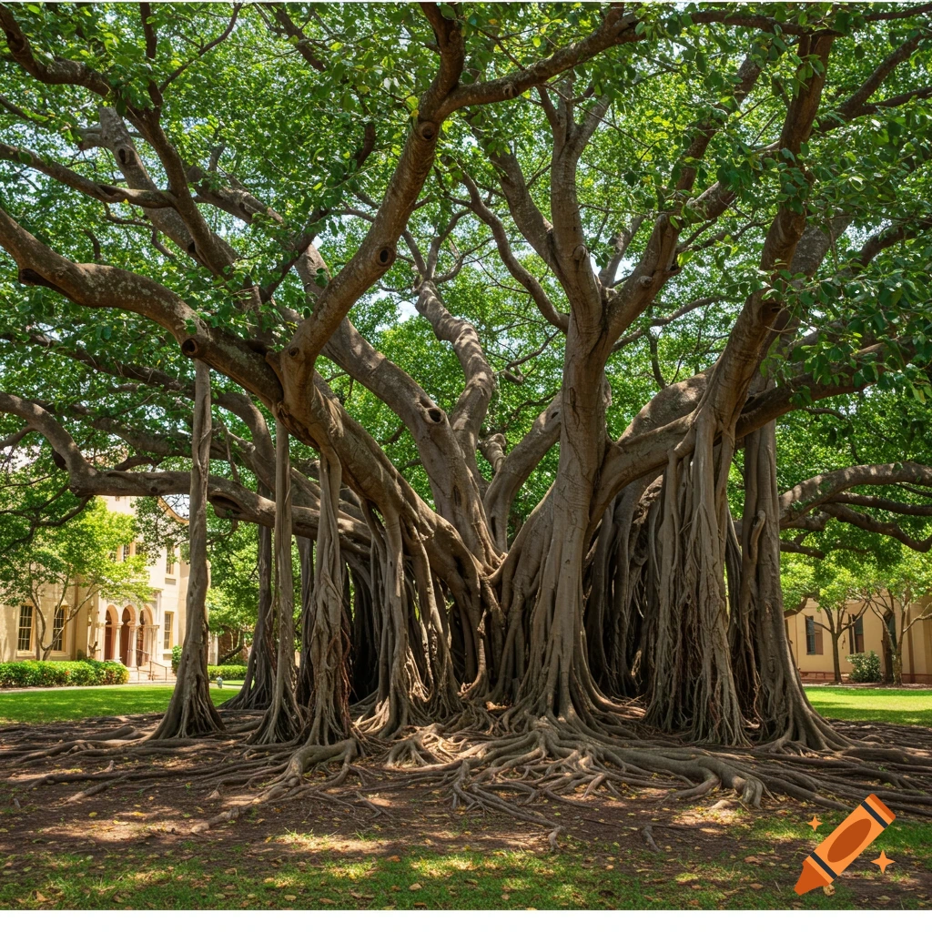 A massive banyan tree with aerial roots sprawling across a lawn in front of a light-colored building.