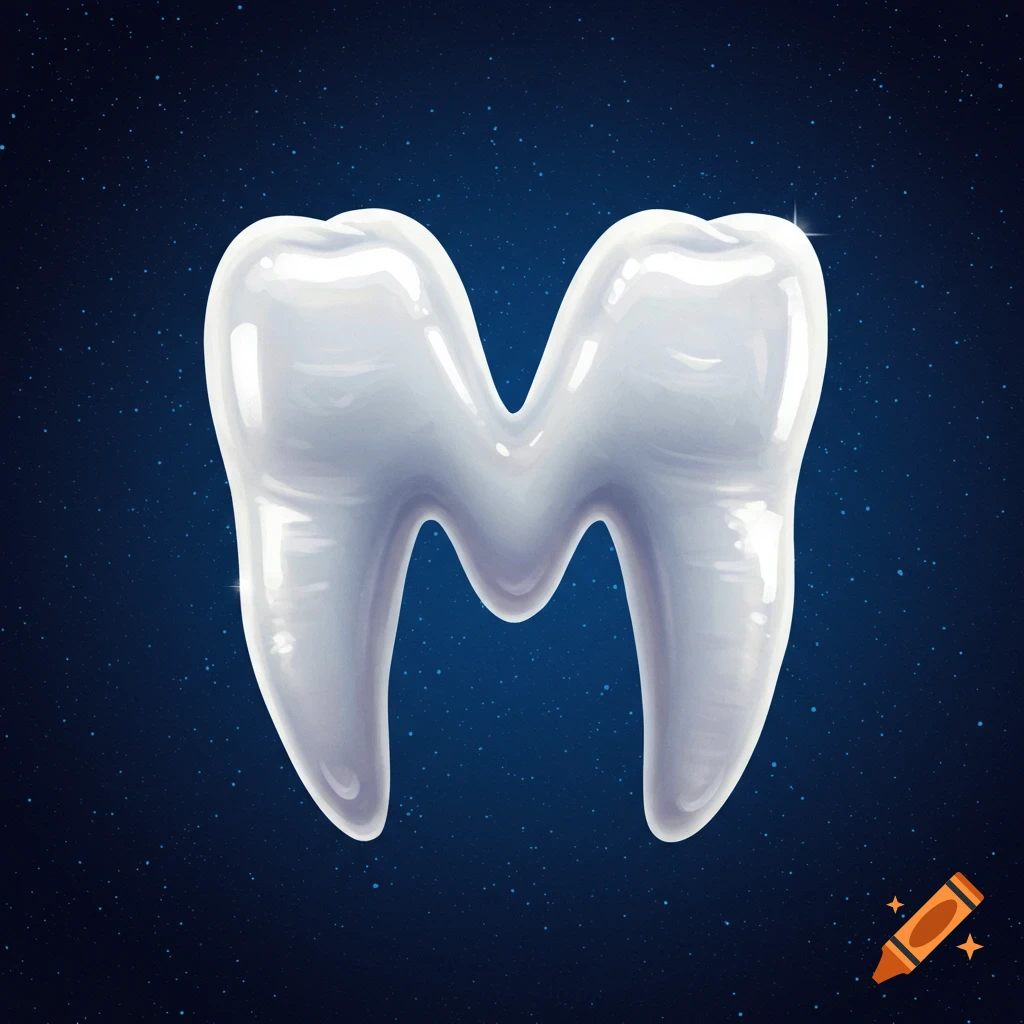 A shiny white tooth shaped like the letter M on a starry blue background.