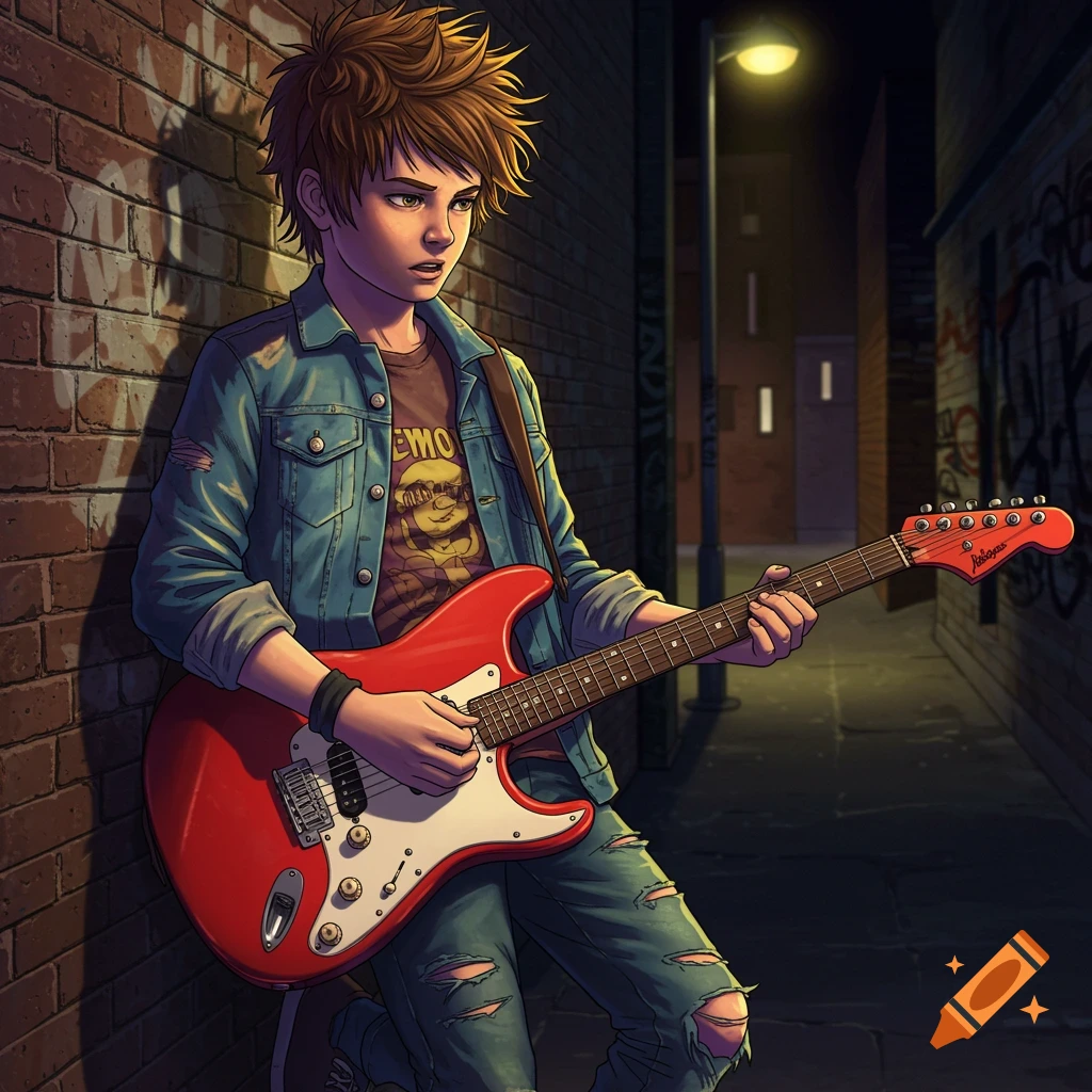 A young man with spiky hair plays a red electric guitar in a brick alley at night, anime style.
