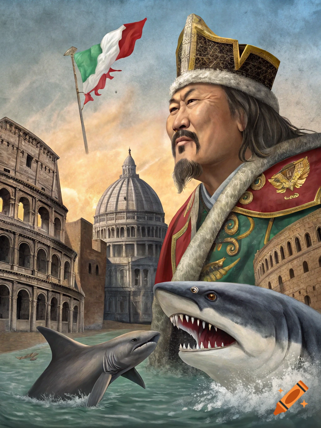 Surreal image of a person in ornate robes next to Roman architecture, with sharks in the water and an Italian flag.