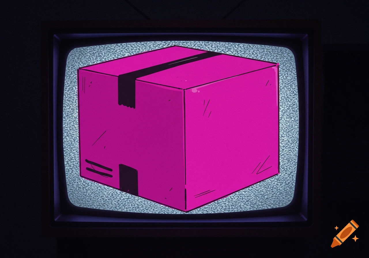 A vibrant pink box sits on a television screen displaying static, in an illustrated style.