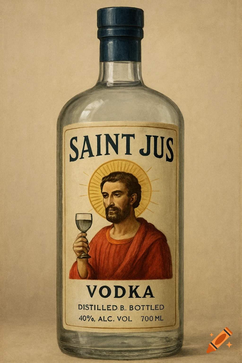 A bottle of Saint Jus vodka with a label showing a saint-like figure holding a glass.