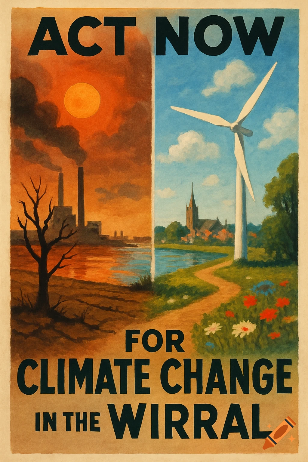Vintage style poster contrasts pollution with clean energy, featuring a wind turbine and text 'Act Now For Climate Change In The Wirral'.