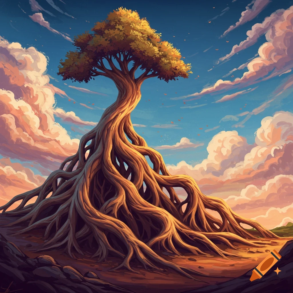 Stylized illustration of a tree with roots like a mountain under a cloudy sky.