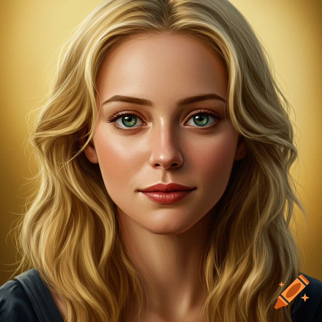 Close-up portrait of a young woman with blonde hair and green eyes ...