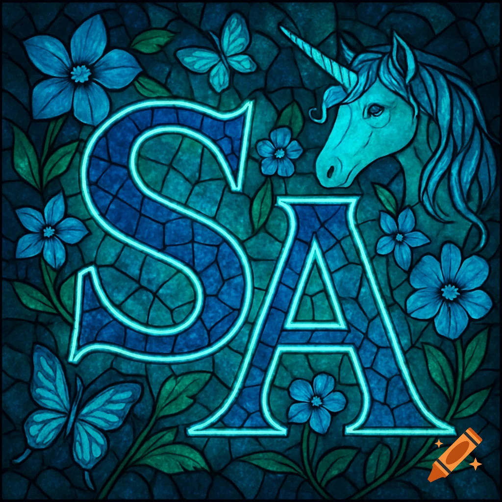 Stained glass image of the letters SA with a unicorn, flowers, and butterflies, with a bioluminescent effect.