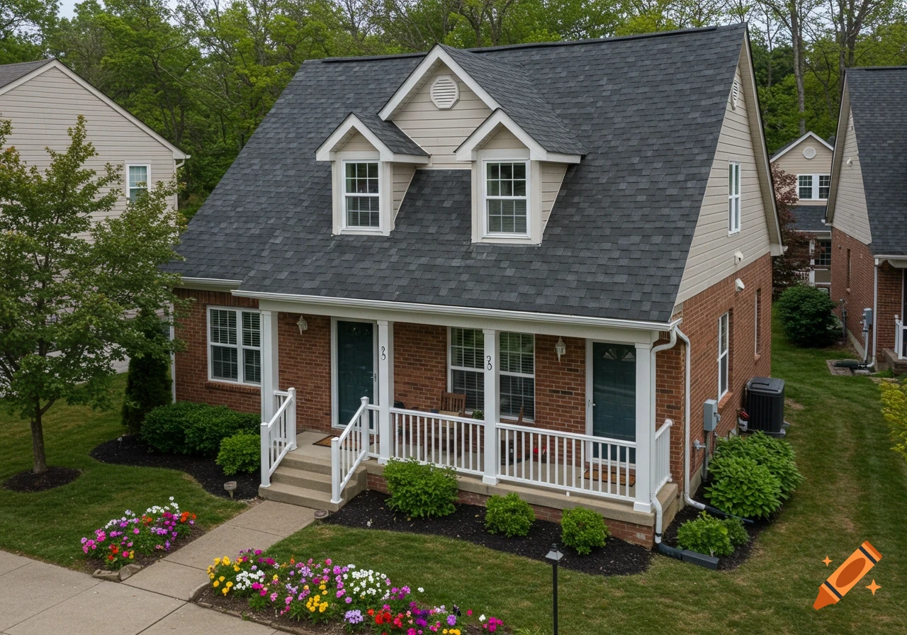 Photorealistic image of a brick townhome with white porch railing and colorful front garden. House numbers 35 and 36 are visible.