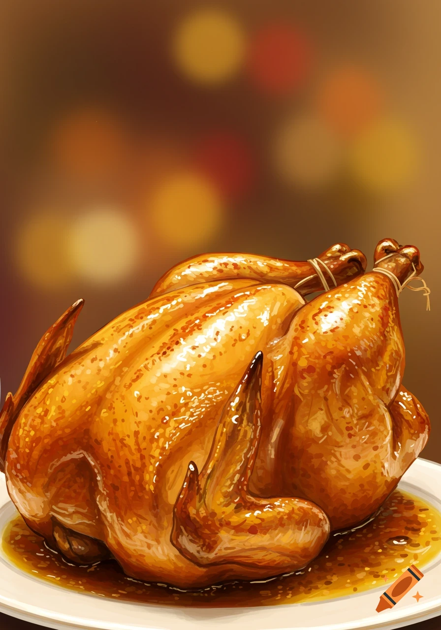 Illustration of a roasted chicken on a plate.