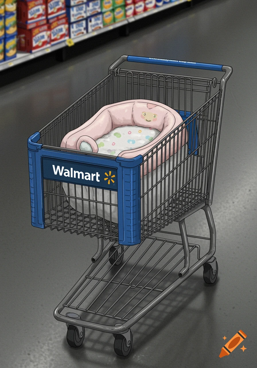 An illustration of a Walmart shopping cart holding a baby carrier in a store aisle.