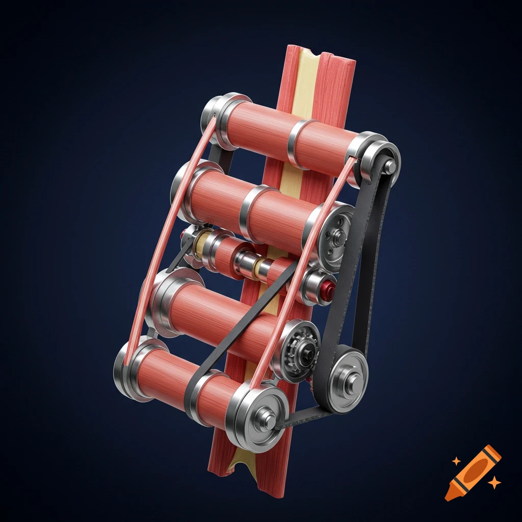 3D render of a muscular system conceptualized as a roller and belt mechanism.