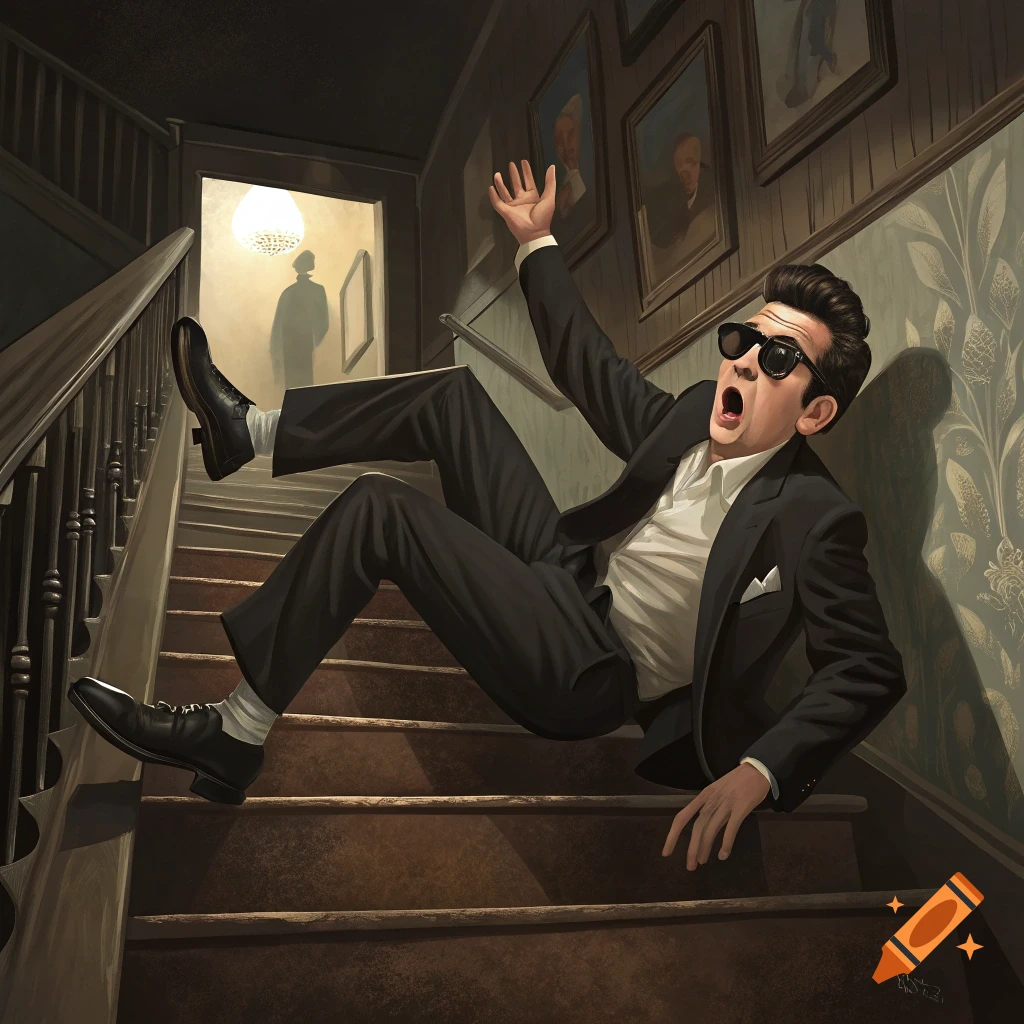 Illustrative image of a man in a suit and sunglasses falling down a wooden staircase.
