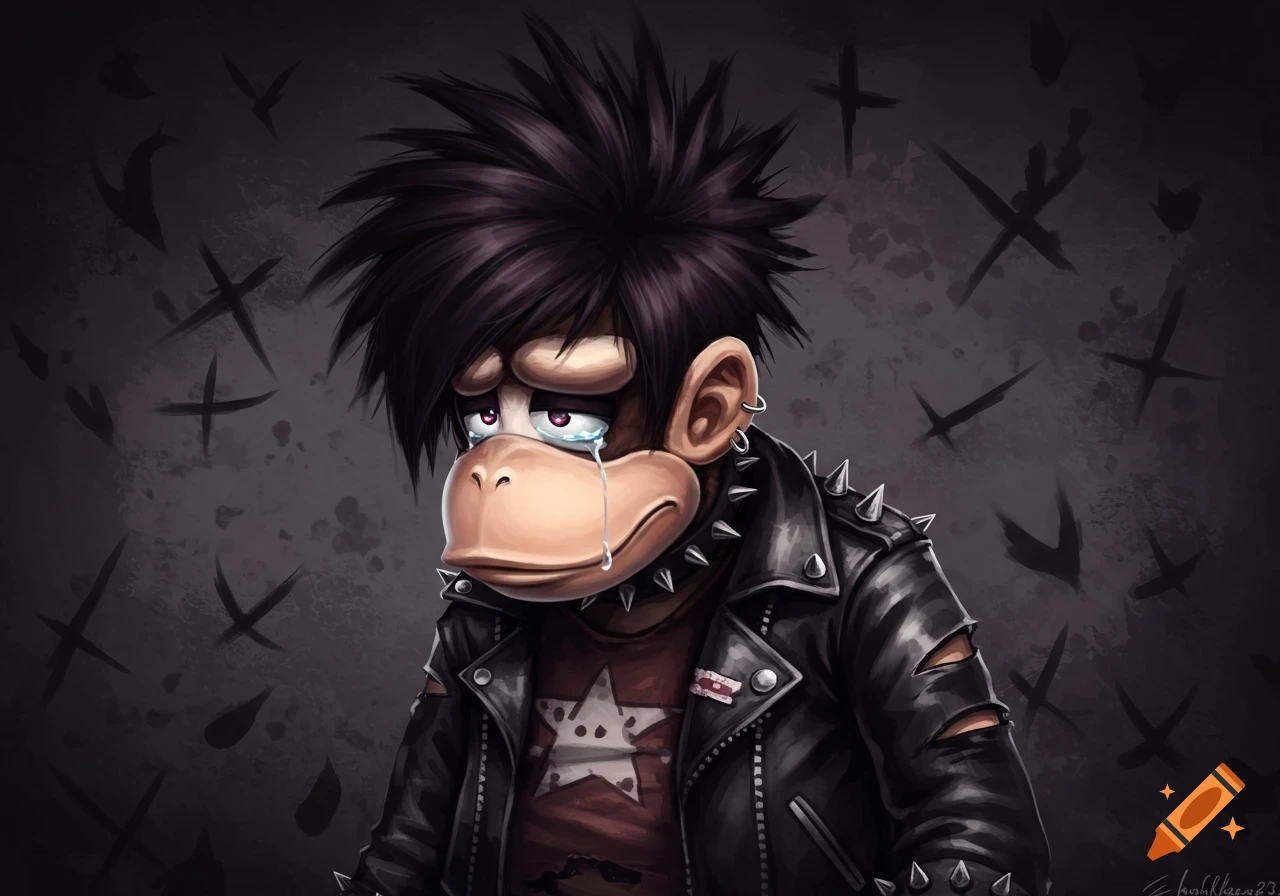 Cartoon monkey character in emo clothing crying.