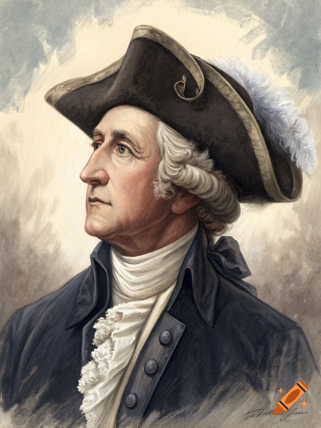 Portrait of George Washington in a tricorn hat and coat, looking left, painted style.