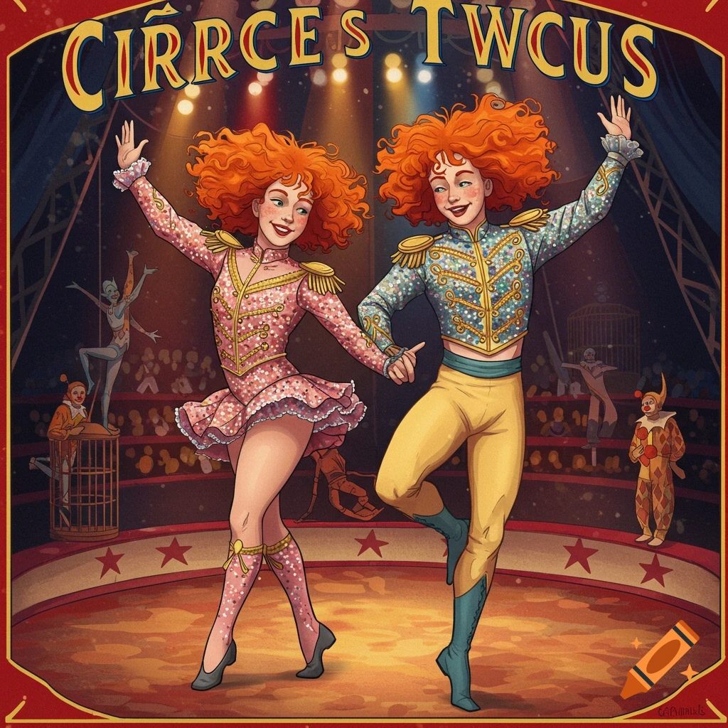 Illustration of early 20th century French circus twins dancing on a stage with text above.