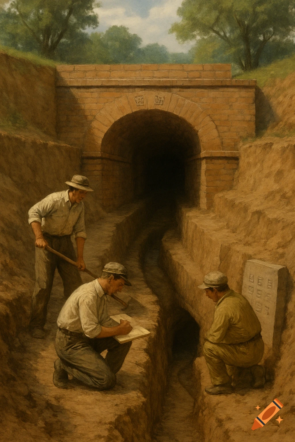 Painting of archaeologists digging a trench toward a brick tunnel entrance with one examining a stone tablet.