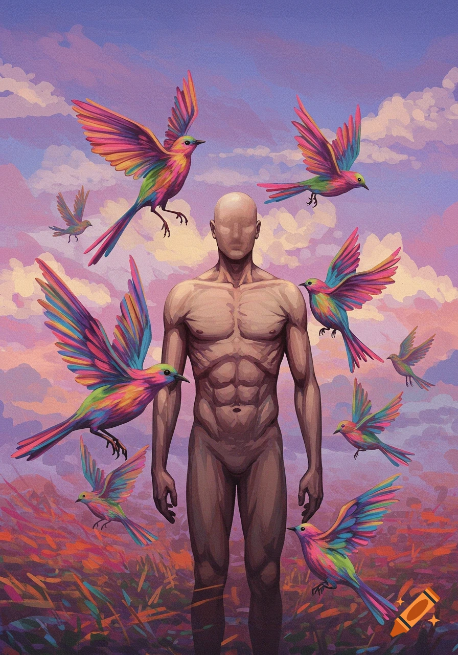 A faceless figure stands among colorful birds in a stylized landscape under a cloudy sky.