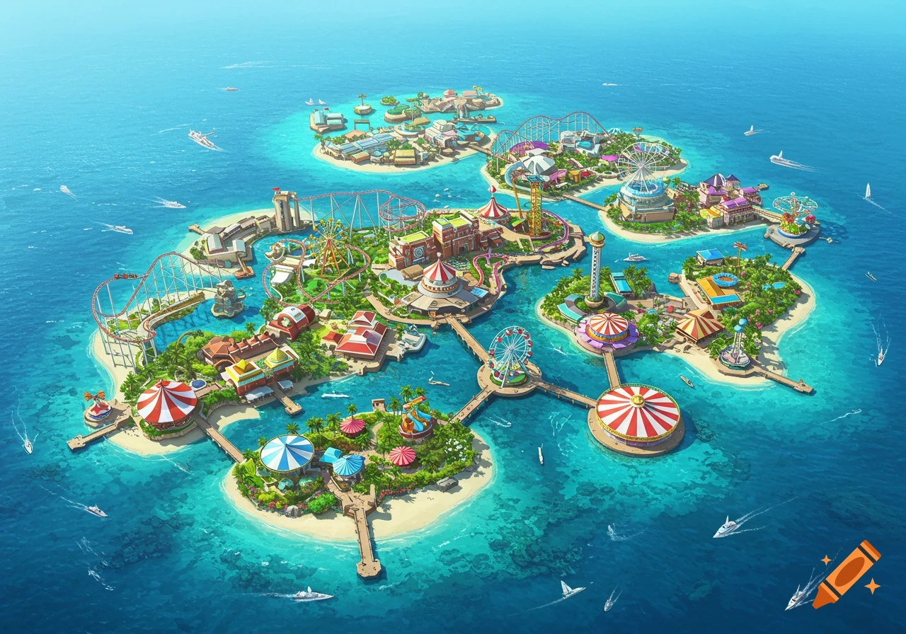 Aerial view of a colorful amusement park spread across tropical islands in the ocean.