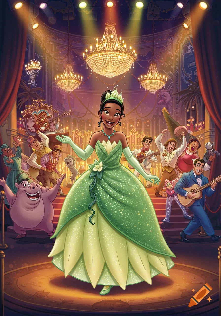 Princess Tiana on a stage in a green dress, surrounded by dancing and cheering cartoon characters in a grand theater.