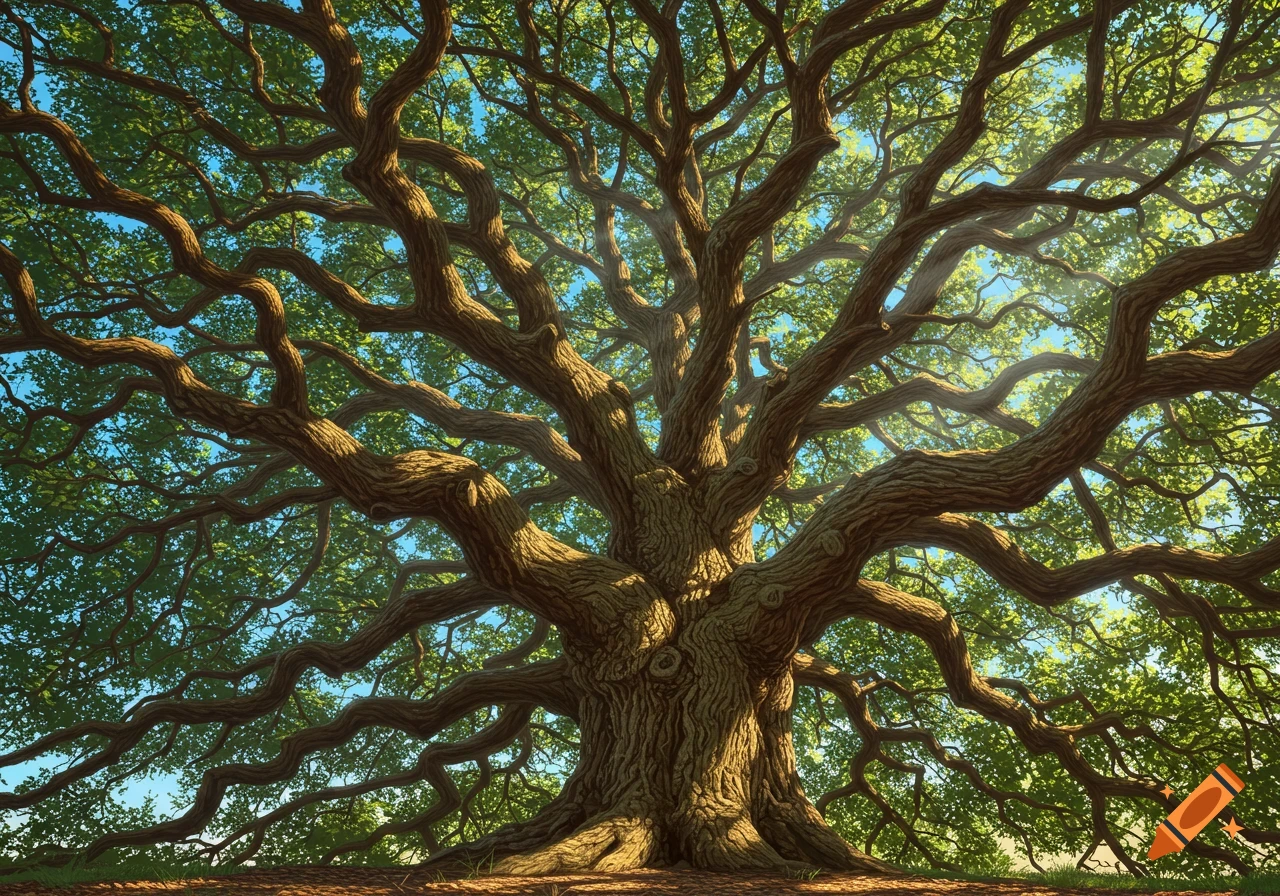 Looking up at the massive trunk and sprawling branches of an old oak tree with green leaves against a blue sky.