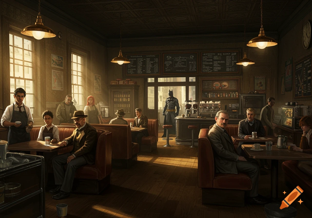 Batman stands in a busy coffee shop with patrons.