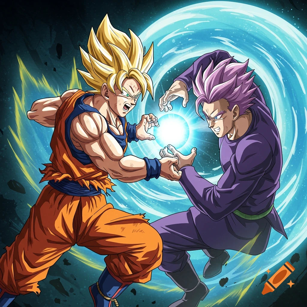 Super Saiyan Goku and purple-haired fighter charge energy blasts in anime style.