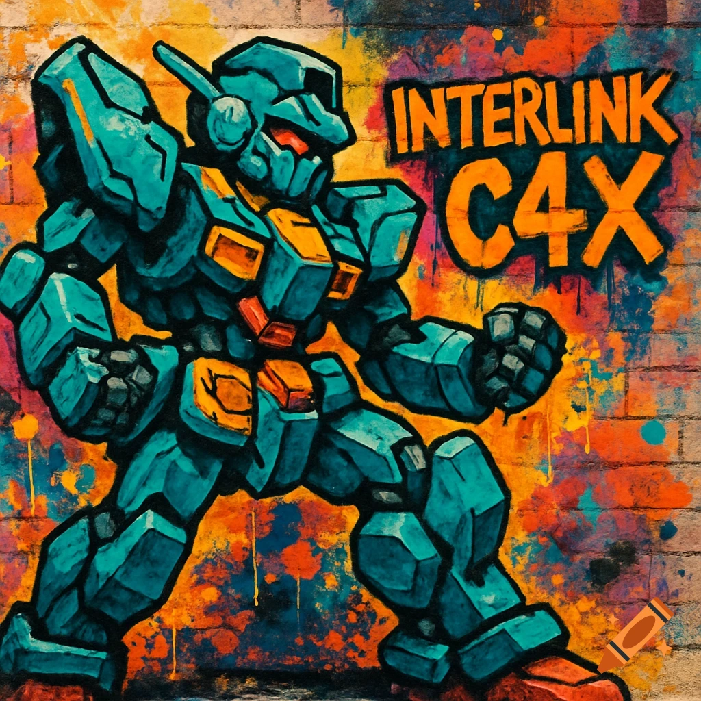 Blue and orange robot in graffiti style with text 'INTERLINK C4X'