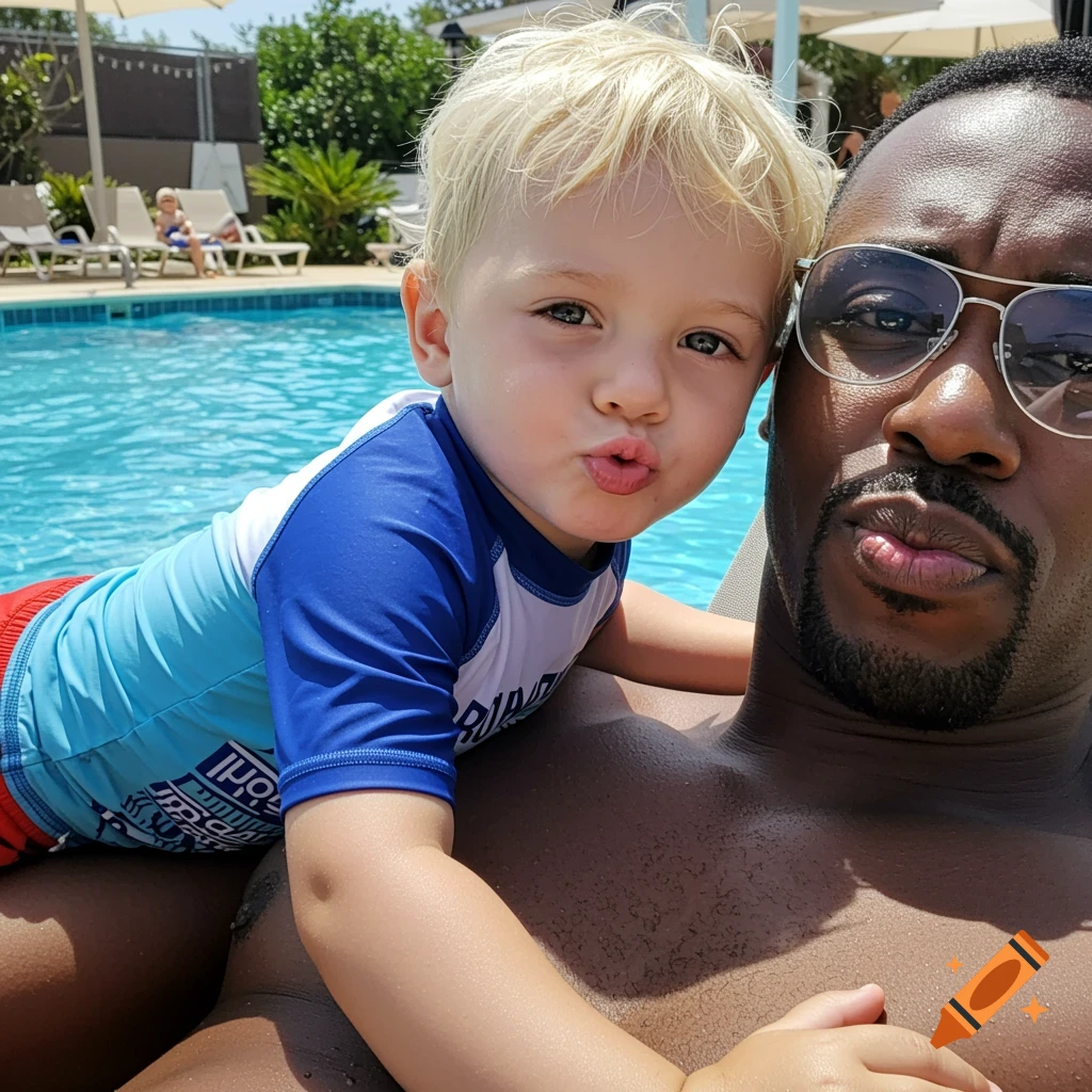 A black father and his young blonde son take a selfie by a pool. The son lies on the father's chest, making a kissy face.