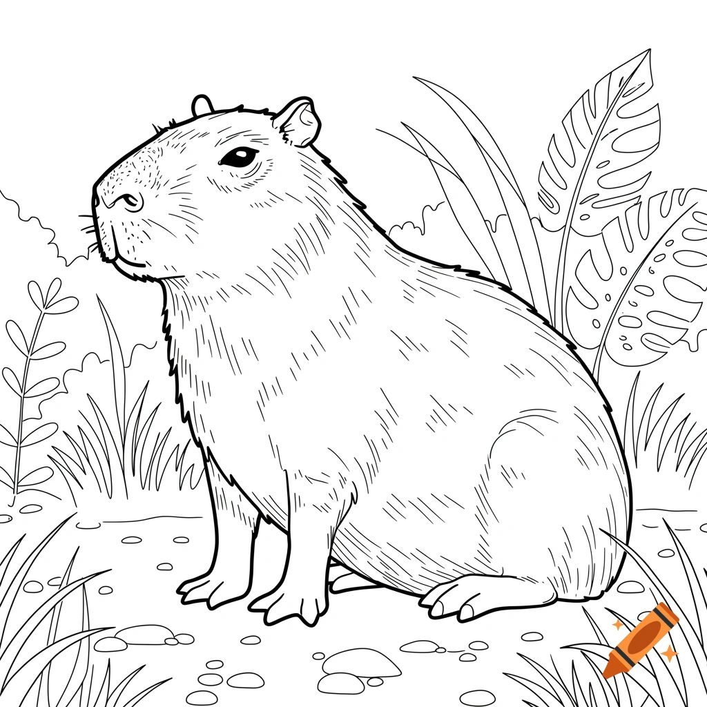 Black and white line drawing of a capybara sitting in tall grass, a coloring page.