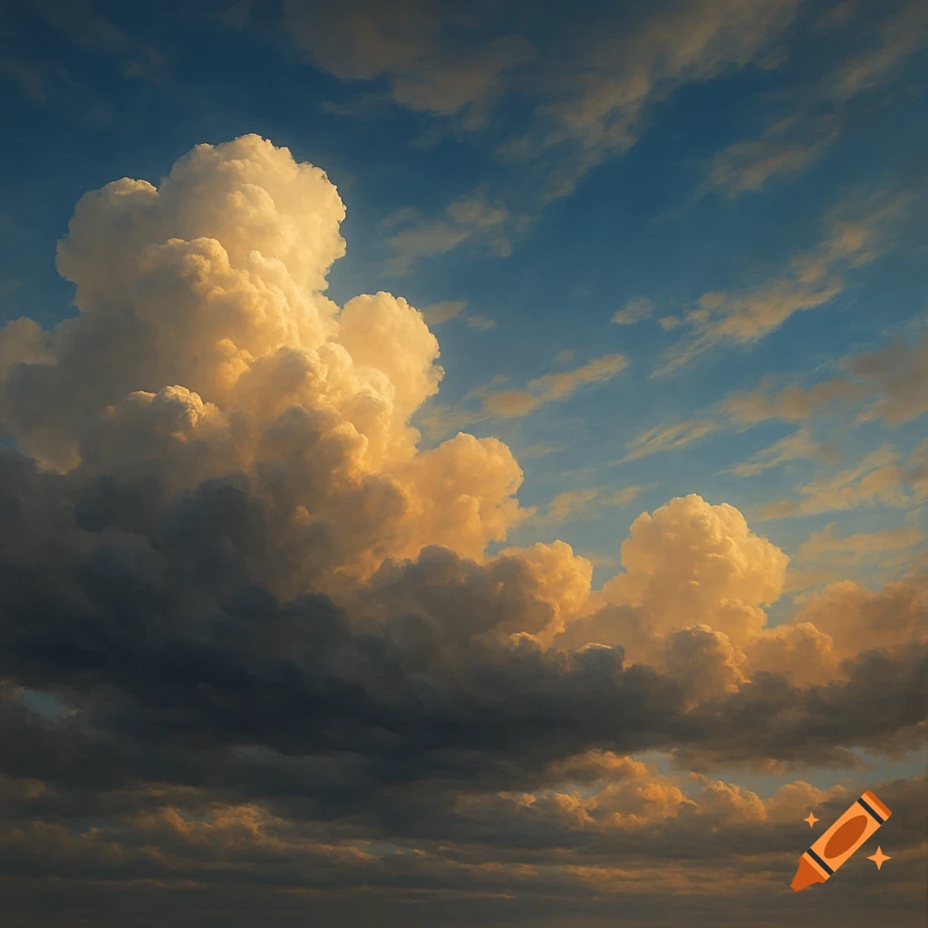 Dramatic sky with large white and dark clouds against a blue sky.