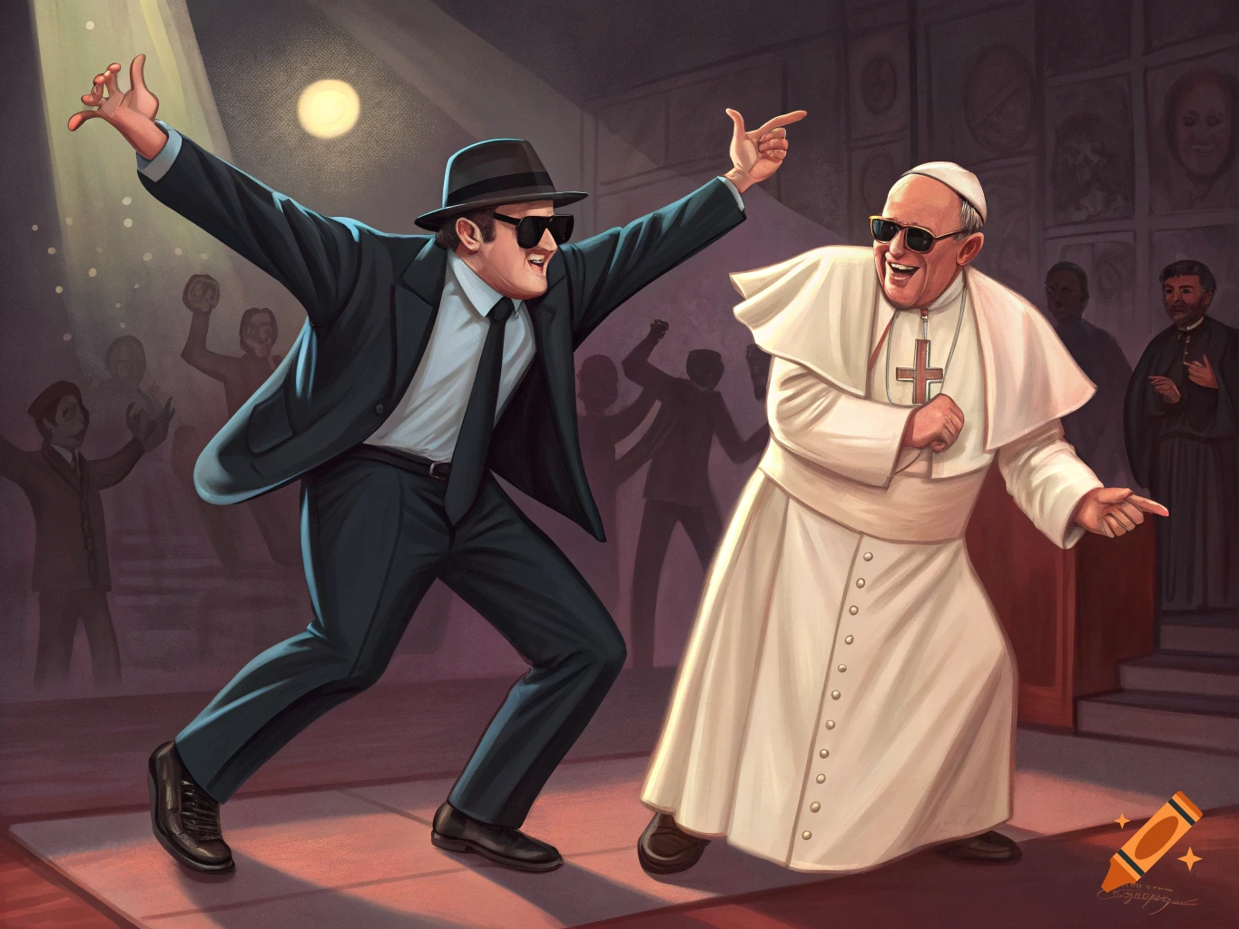 Man in suit and Pope dancing in spotlight, painterly style