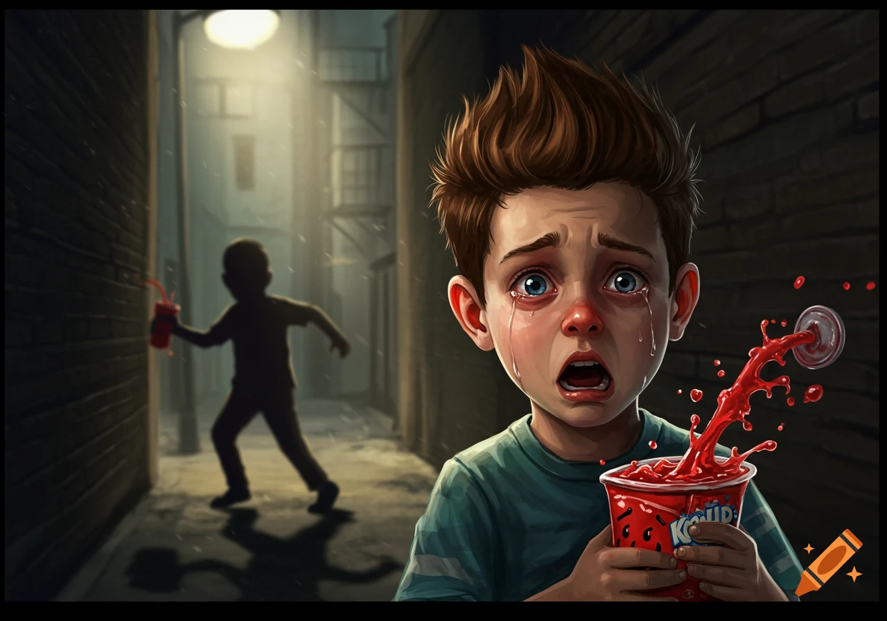 Crying boy holds cup spilling red liquid in a dark alley with blurred figure.